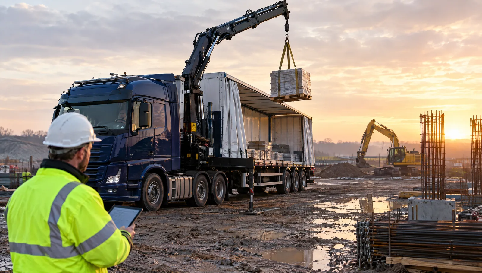 Truck-mounted crane unloading on a construction site