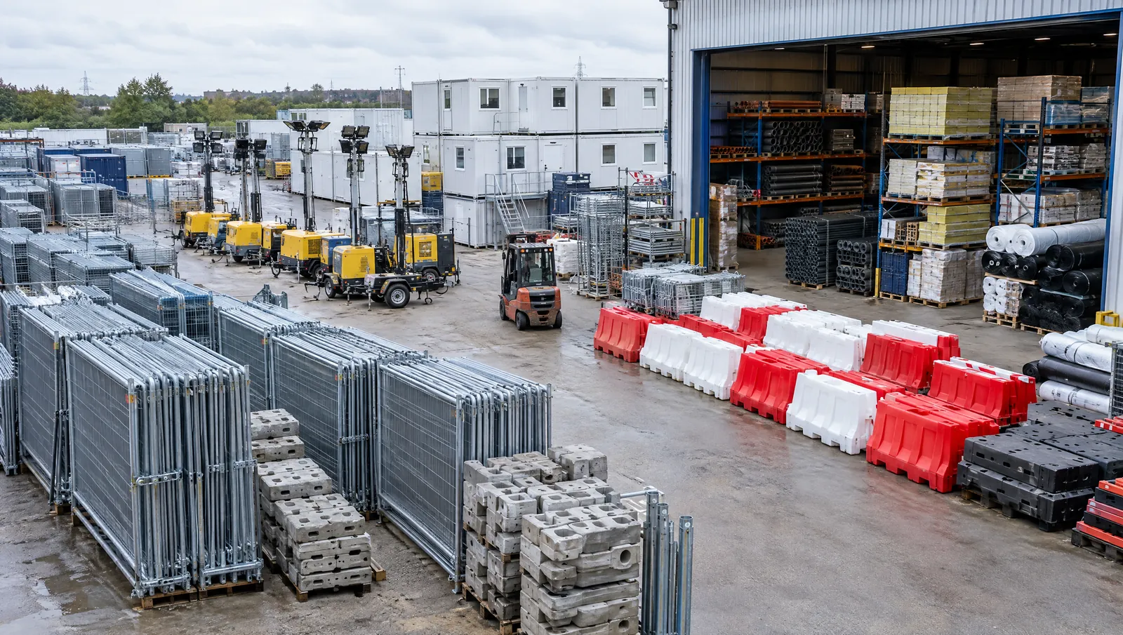 Stockyard with fencing, barriers, cabins and materials